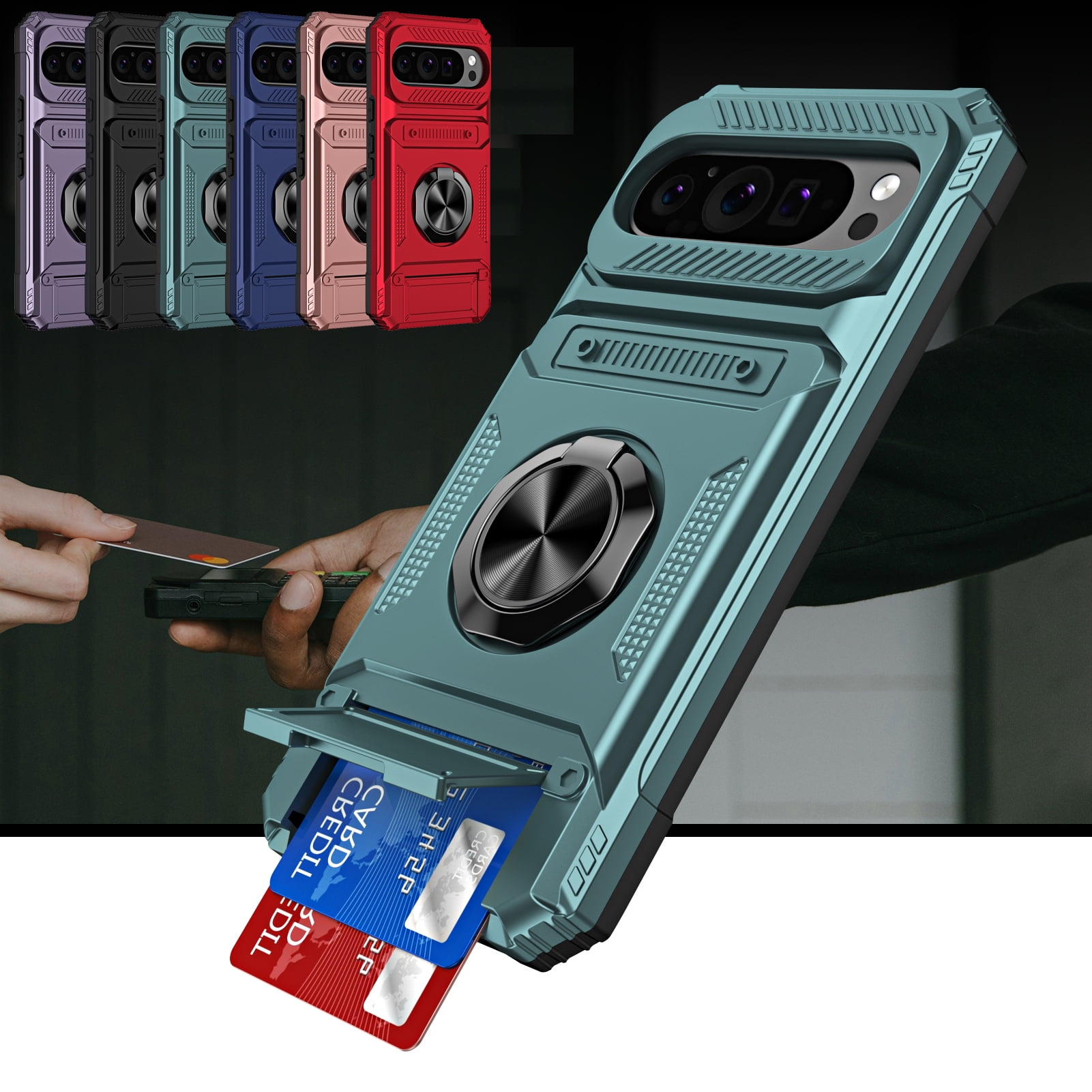ShieldPlus for Google Pixel 9 Phone Case with Finger Ring Holder Kickstand, Heavy Duty Shockproof Rugged Protective Case for Pixel 9 Pro 6.3 Inch, Working with Magnetic Car Phone Mount,Green
