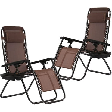 FDW Zero Gravity Chairs Set of 2 with Pillow and Cup Holder Patio Outdoor Adjustable Dining Reclining Folding Chairs for Deck Patio Beach Yard (Brown)