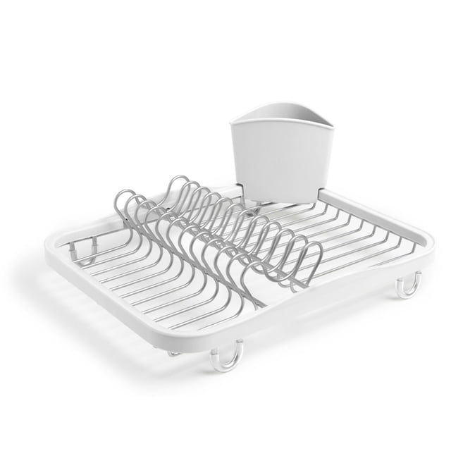 Umbra Sinkin Dish Rack in white and nickel, a low-profile in-sink drying rack with coated metal wire slots for dishes and a removable white polypropylene cutlery holder with drainage holes, featuring rubber feet to prevent slipping and fit most standard kitchen sinks.
