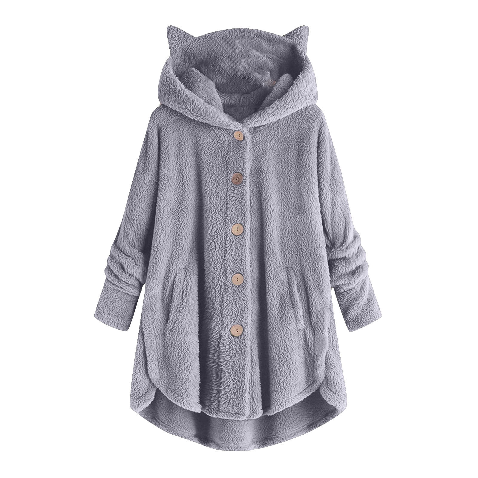 WEIYLL Womens Fleece Jackets Velvet Cat Ear Hooded Soild Patchwork Button Plush Grey Ladies Fall Tops And Blouses Size L