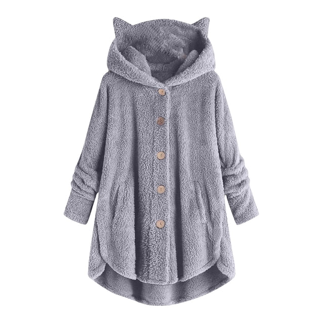 WEIYLL Fall Jackets for Women 2025 Velvet Cat Ear Hooded Soild Patchwork Button Plush Grey Cold Weather Tops Size XL