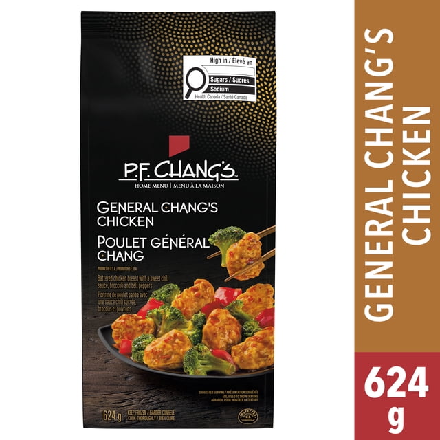 P.F. Chang's General Chang's Chicken frozen skillet meal package Montrant de la Poitrine de Poulet Panée avec sauce chili Douce, Brocoli et Poivrons Rouges sur une Assiette Noire, 624 g Souper Surgelé Multi-Portion avec Étiquette Santé Canada Riche en Sucres et sodium.