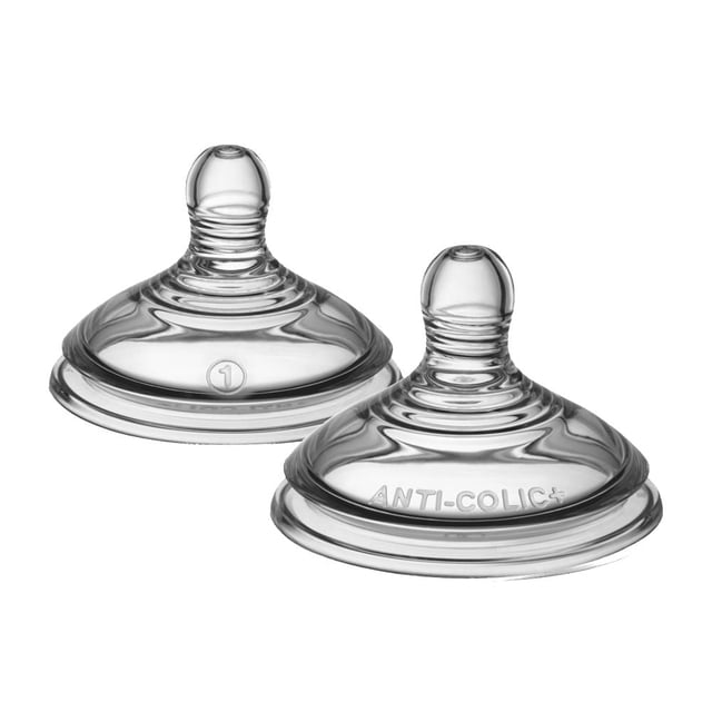 Tommee Tippee Advanced Anti-Colic Baby Bottle Nipples , Débit Très Lent, 0+ Mois, Lot de 2 Tétines en silicone Souple Transparent avec Forme Semblable au Sein et base Grand, Conçues pour Réduire les Coliques et Soutenir le Loquet Naturel pour une Alimentation Confortable.