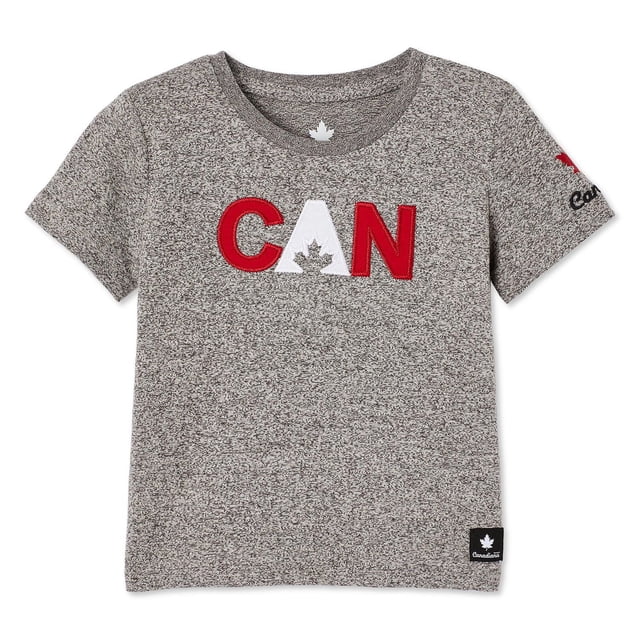Canadiana Infants' Gender Inclusive Graphic Tee in grey jersey knit with soft hand feel, crew neckline, and short sleeves, featuring red and white 'CAN' letters with a maple leaf graphic on front and shoulder, plus a small Canadiana logo patch near the hem.