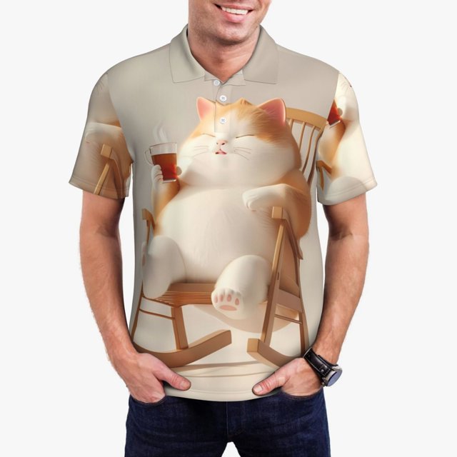 Xecao Relaxing Cat With Tea Pattern Men’s Polo Shirt with Buttoned Collar Soft Breathable Casual Polo Shirt for Work, Leisure, and Outdoor Activities-Medium