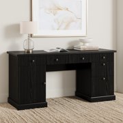 BeesClover 60" Modern Fluted Desk with Charging Station & File Drawers, Wooden Computer Writing Desk for Home Office, Study, Living Room & Bedroom
