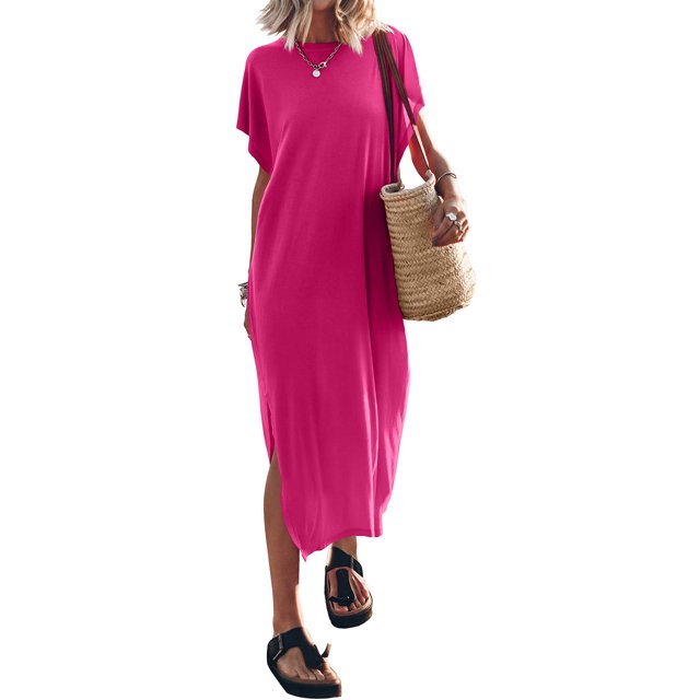 Kmbangi Robes Longues Noires pour Femmes pour l'Été 2023, Manches Chauve-Souris Courtes Col Rond Fendu Robe de Plage Décontractée