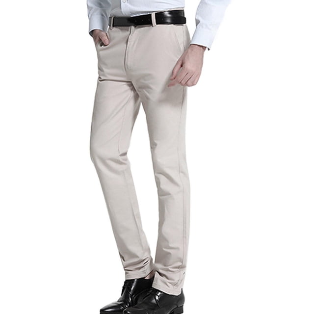 Mens Business Casual Pants Solid Color Stretch Wrinkle Resistant Trouser Zipper Button Straight Suit Pant White S
