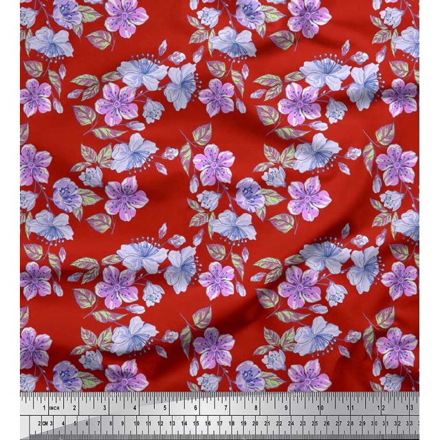 Soimoi Poly Georgette Fabric Leaves & Buttercup Floral Print Fabric by the Yard 42 Inch Wide