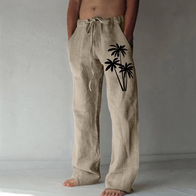 cllios Cotton Linen Pants for Men Palm Tree Tropical Print Beach Pants Regular Fit Elastic Waisted Drawstring Lounge Trousers with Pockets Lightweight Breathble Beachwear
