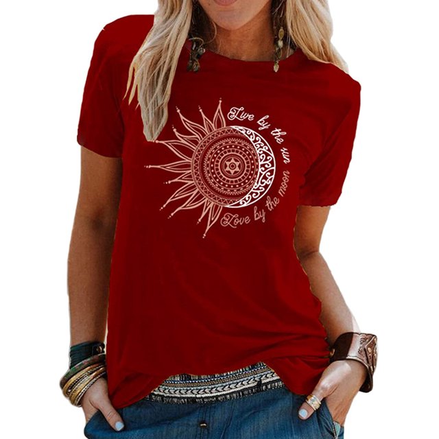 MAWCLOS Hauts pour Femmes T-Shirt à Imprimé Tournesol T-Shirt à Manches Courtes Tee Mode Travail Col Rond Haut Bordeaux TG