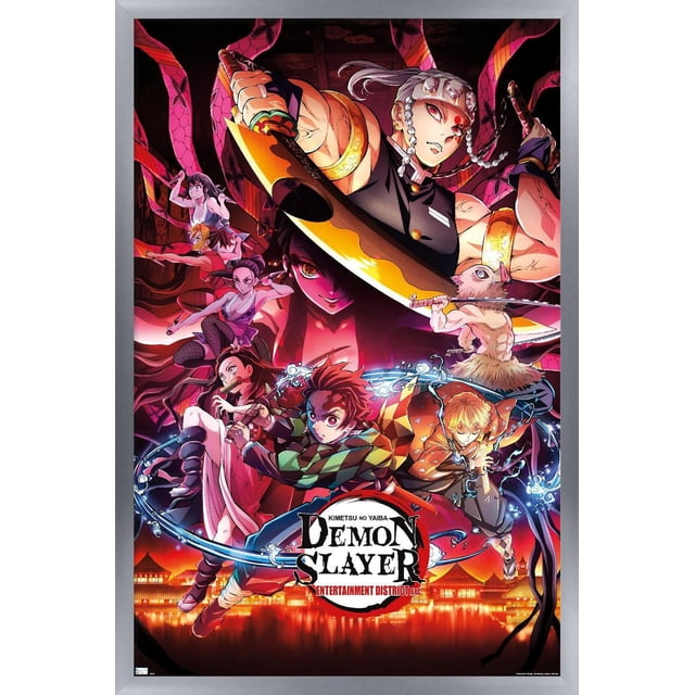 Demon Slayer - Key Visual 1 Wall Poster, 22.375" x 34" depicting anime characters in dynamic action poses with vibrant energy effects and detailed costumes, set against a dark background with illuminated traditional Japanese buildings reflecting on water, illustrating the Entertainment District Arc.