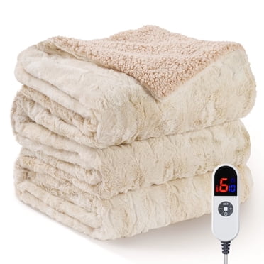 MARNUR Couverture Chauffante Format Double, 72"x84 Pouces Couverture Électrique Double avec Fausse Fourrure et Sherpa, Couverture Chauffante avec 6 Niveaux de Chaleur, Minuterie 10 H, Écran DEL, Lavable à la Machine, Teinture sur Nœuds Blanc Cassé