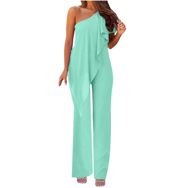 Besolor Women's 2024 Summer Casual Elegant Jumpsuits Ruffle a Shoulder Long Pants Wide Leg Rompers for Work Party
