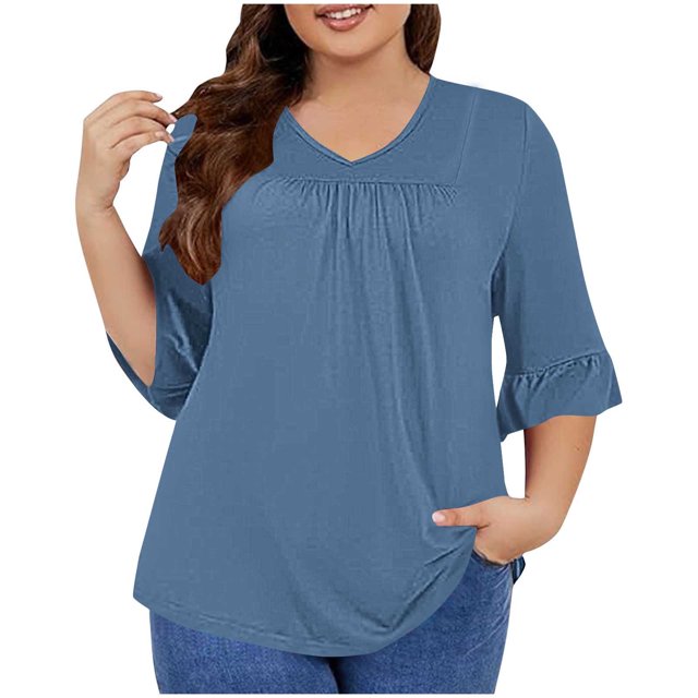 Timegard Plus Size Tops for Women V-Neck Ruched Ruffle 3/4 Sleeve Comfy Tee Shirts Casual Loose Tops