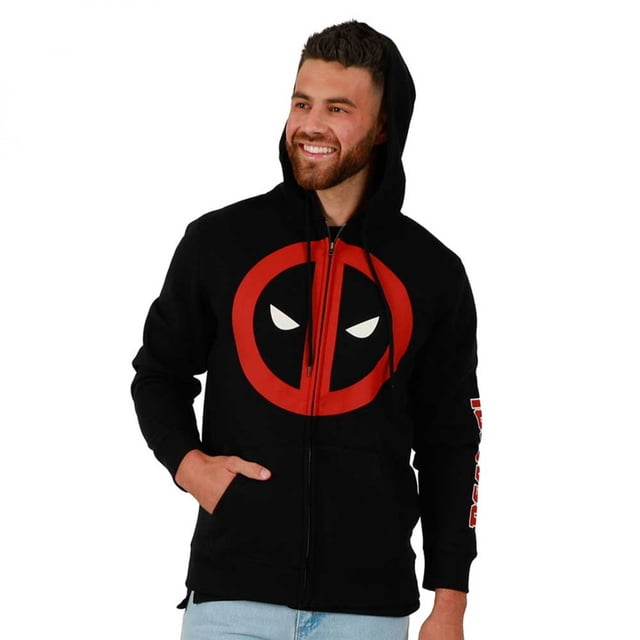 Deadpool Classic Logo Zip-Up Hoodie with Sleeve Print in medium size, featuring a bold red and white Deadpool mask logo on the chest and printed text on the sleeve. This officially licensed Marvel hoodie is made from a cotton and polyester blend, offering comfort and durability. Includes a front zipper, adjustable hood, and kangaroo pockets, ideal for casual wear and Deadpool fans.
