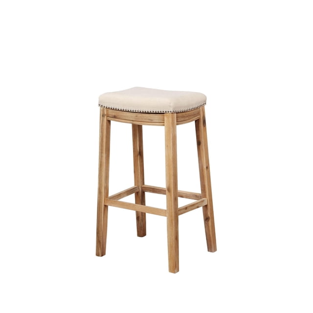 Warren Acacia Barstool featuring a backless rustic brown acacia wood frame with a natural linen blend padded seat accented by silver nail head trim, 32-inch seat height ideal for kitchen or dining counter seating, also suitable as extra seating in living areas.
