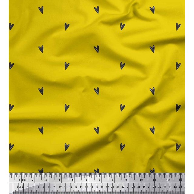 Soimoi Yellow Rayon Crepe Fabric Black Heart Decor Fabric Printed Yard 46 Inch Wide