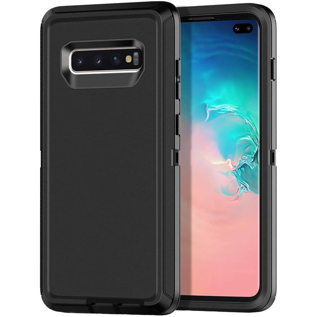 Samsung Galaxy S10 Hard Case, Anti-Drop Triple 3 Layers Shockproof Heavy Duty Defender Hard Case Cover in black. Designed with reinforced corners for drop protection, raised edges for screen and camera safety, and precise cutouts for buttons and ports. Includes a dust plug for the charging port, offering heavy-duty protection for your phone.