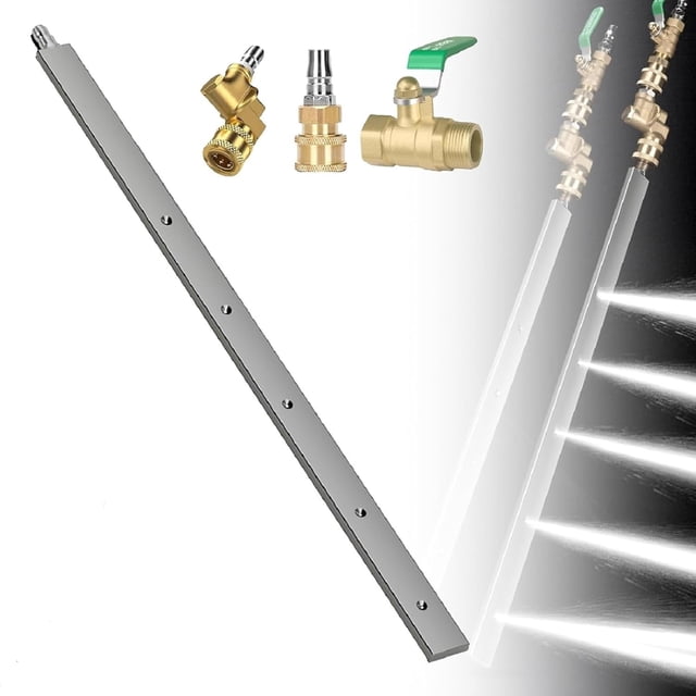 Radiator Cleaning Wand, 32'' Portable Radiator Cleaning Tool made of 304 stainless steel with brass fittings, designed for automotive radiators, condensers, HVAC systems, and heavy machinery. Features a 4500 PSI pressure capacity, a slim flat design for tight spaces, and a 6-hole fan-shaped nozzle for efficient cleaning. Includes a 1/4” quick-connect adapter with 180° swivel for compatibility with most pressure washer systems. Accessories include a high-pressure washer wand, valve quick connector, and copper swivel connector.