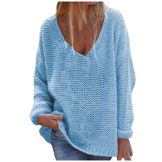 Hauts de Mode pour Femmes, Chandail-Over Ample à Col en V, Manches Longues, Couleur Unie