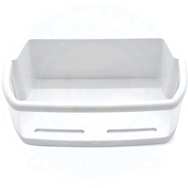 Door bin compatible with LG refrigerator models, part number AAP73051302, designed as a replacement for AAP73051301. The bin features durable white plastic construction, a curved handle, and slotted base for storage. Fits models like LFX25978ST, LMX25988ST, and others.
