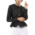 thumbnail image 2 of INSPIRE CHIC Women's Round Neck Button Down Ruffled Hem Cropped Washed Denim Jacket Black S, 2 of 7
