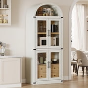 BeesClover Arched Bookshelf with Doors and Drawers Farmhouse Bookcase 15.83in Depth Display Storage Shelves 71.4in Tall Wooden Display Cabinet Rounded Bookcases for Living Room, Kitchen