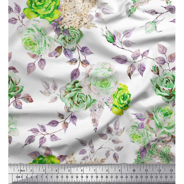 Soimoi Tissu Crêpe Polyester Vert Feuilles & Roses Imprimés de Tissu au Mètre 42 Pouces de Large
