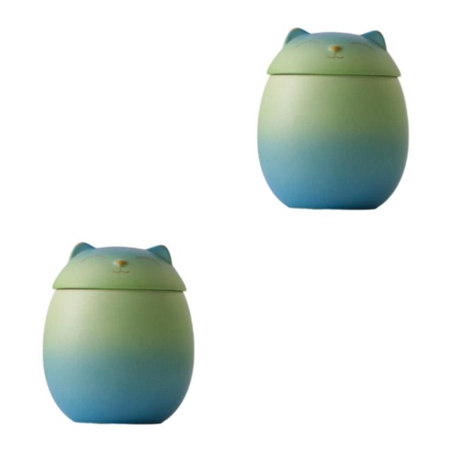 Transemion Portable Moisture-proof Ceramic Tea Jar Large Capacity And Cute Sturdy And Durable Ceramics Cat Form Ceramic Tea Jars blue-green 150ml 2Set
