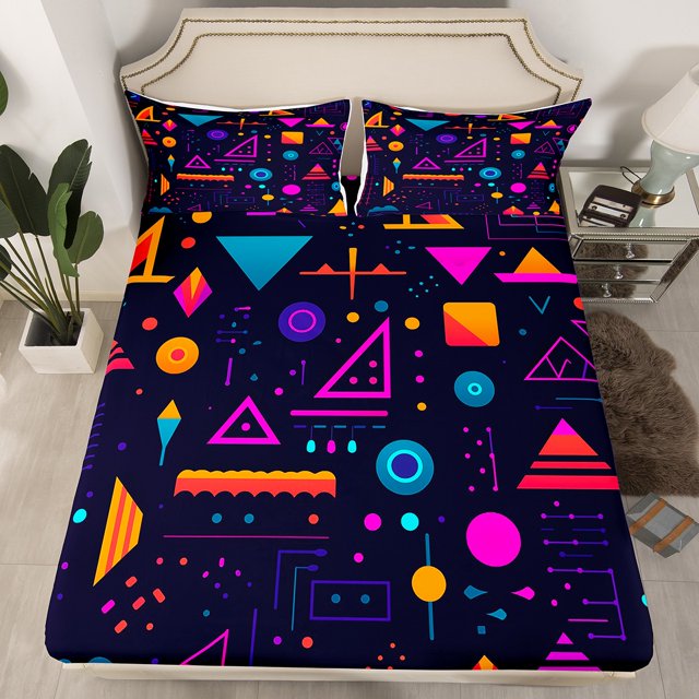 YST Memphis Bed Sheets Queen Retro 80S 90S Bedding Set Abstract Geometric Triangle Circle Pattern Fitted Sheet For Kids Boys Adults Room Decor,Hip-Hop Hippie Geometry Bed Cover