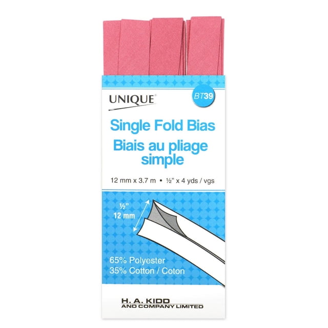 Unique Bias Tape à Pli Simple en Rose, 12 mm (1/2 Pouce) de Large et 3,7 m (4 yards) de long, Fait de 65 % polyester et 35 % Coton, Conçu pour Finir Soigneusement les Bords et les Courbes Lors de Projets de Couture avec une Pression Nette et une Finition de Couture Lisse.
