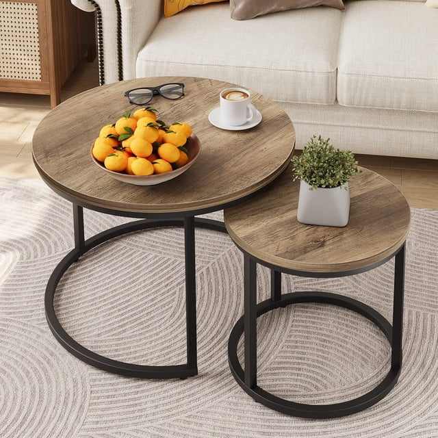 Semiocthome Modern Round Nesting Coffee Table Set,End Table Metal Frame for Living Room,23.6",Brown