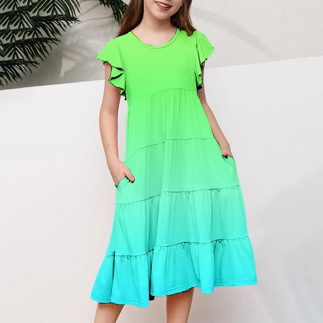 Robes pour Filles Décontractées à Dégradé, Manches à Volants, Col Rond, Robe Trapèze à Étages pour Usage Quotidien en Plein Air 6-15 Ans