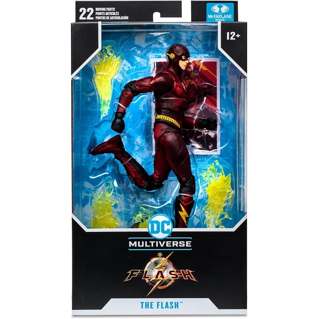 DC Multiverse Movie 7 Inch Action Figure Flash - The Flash (Batman Costume) by McFarlane Toys, a collectible action figure with a multicolour design inspired by The Flash movie. Features 22 points of articulation, 4 attachable lightning effects, a base, and a collectible art card. Packaged in a branded display box.