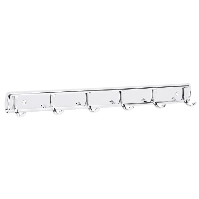 Peerless Steel Rail with six polished chrome double hooks on a slim steel bar, easy DIY installation with included mounting hardware, ideal for organizing coats, clothing, bags, or accessories in closets and mudrooms.