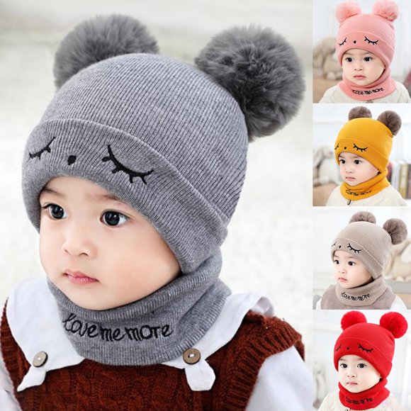 Funie 1 Set Baby Beanie Hat Scarf Solid Color Knitted Boys Girls Windproof Fluffy Pompom Children Cap Set for Outdoor
