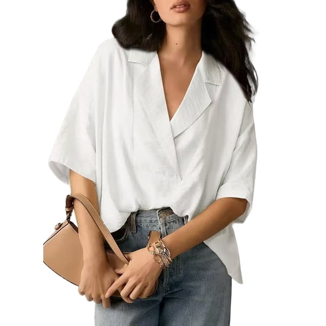 Blouse Décontractée Habillée pour Femmes, Manches Courtes, Col en V, Chemise de Travail Blanche m