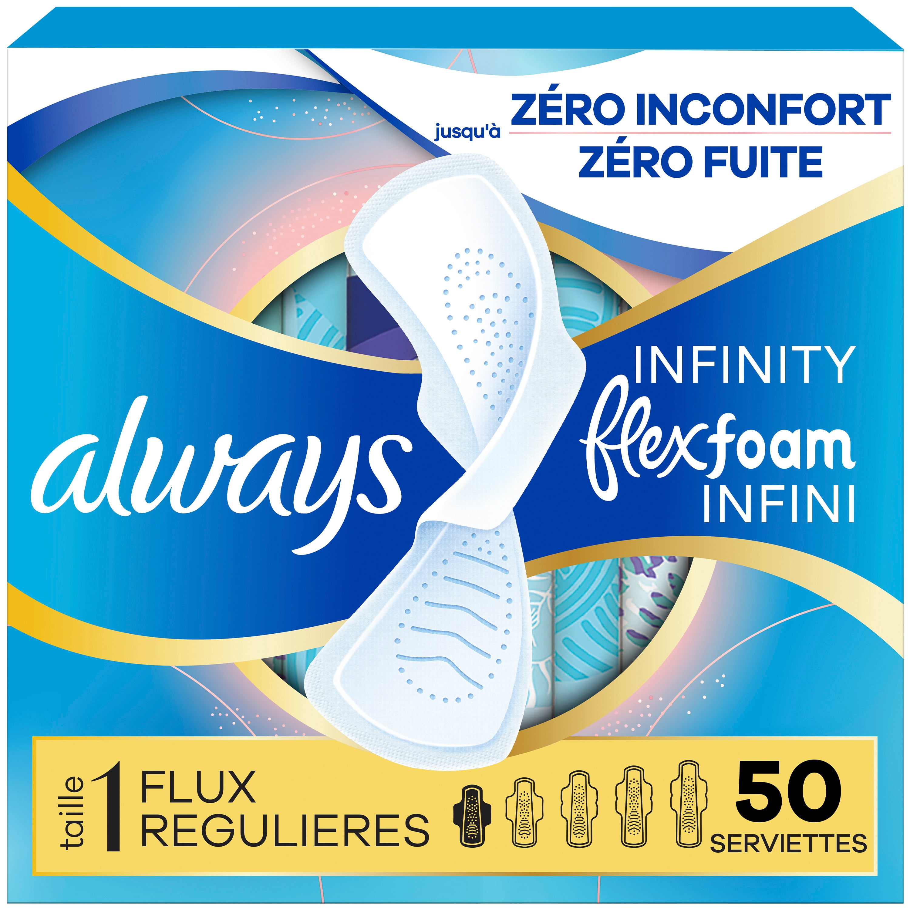 Serviettes Always Infini FlexFoam, régulières avec ailes, pour femmes, taille 1, sans parfum, 50 serviettes