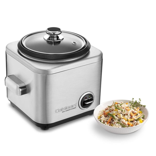 Cuisinart Rice Cooker & Steamer - CRC-400C with brushed stainless steel square body, chrome-plated cool-touch handles, glass lid with steam vent, and cook/warm control switch, shown with a bowl of steamed rice and vegetables, suitable for cooking and steaming various foods.