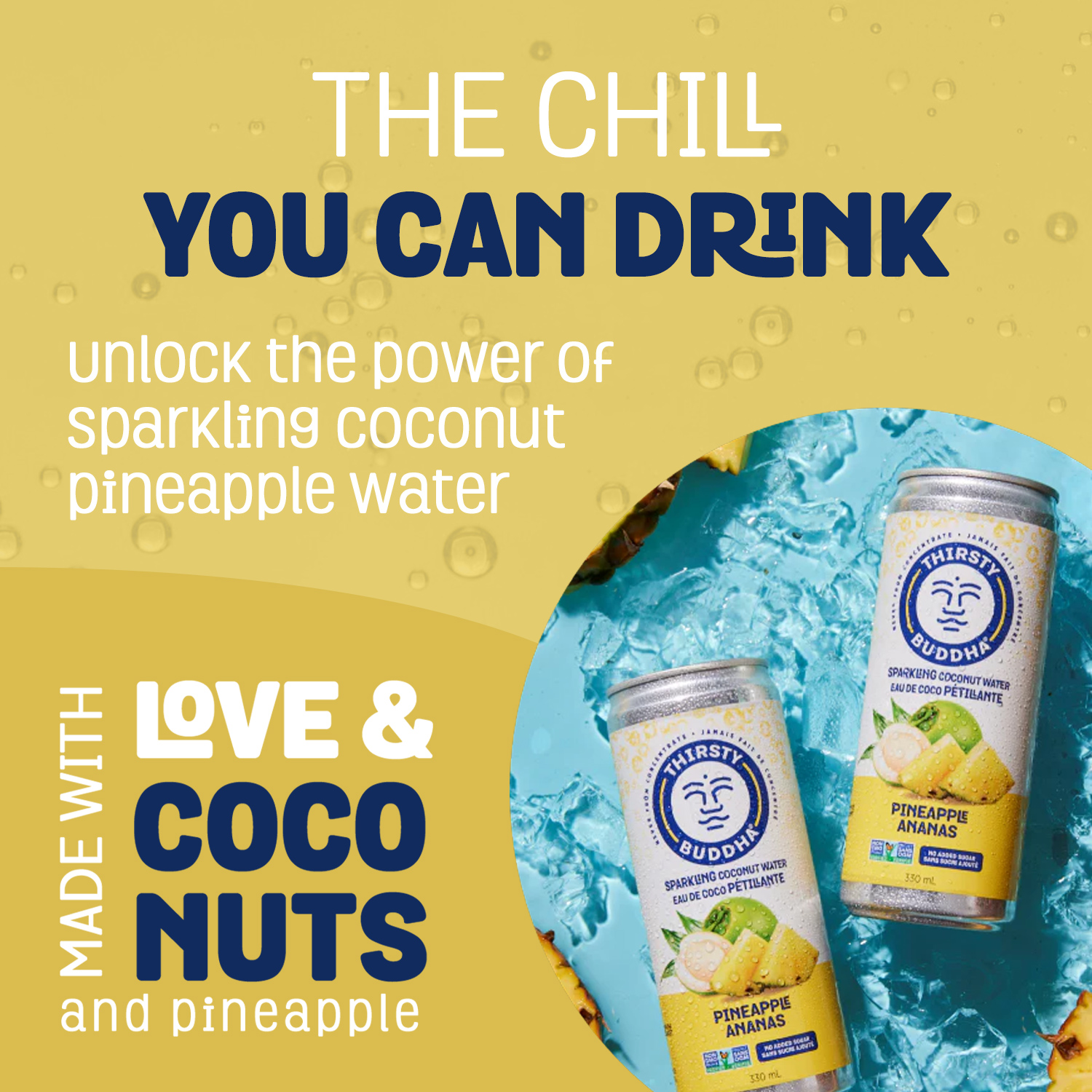 Thirsty Buddha Eau de Coco Pétillante à l'Ananas, Sans Sucre Ajouté, Sans OGM, Certifié Végétalien, Canette330ml
