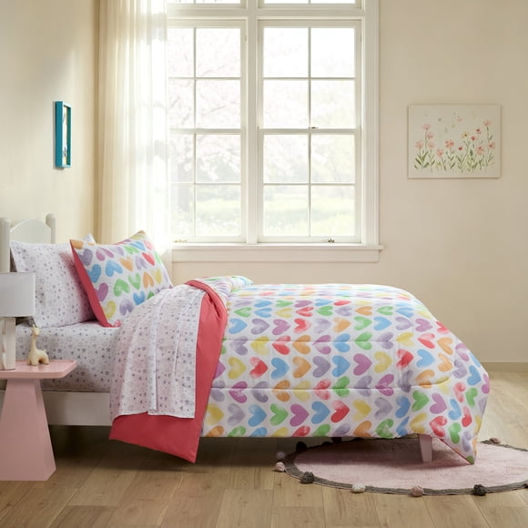 Mainstays Kids 5 Pieces Sweet Hearts Comforter Set with Sheets, Twin