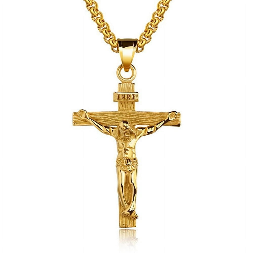 Mens Silver Stainless Steel Jesus Christ Crucifix Cross Pendant Necklace Chain