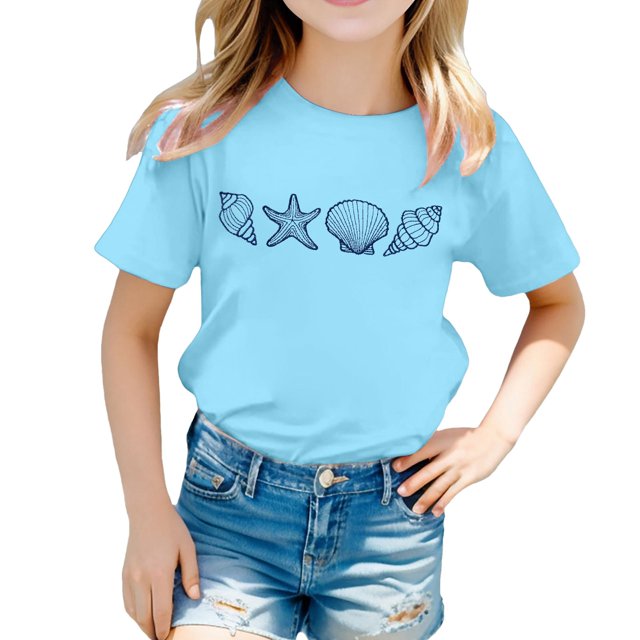 PMVFHDE Hauts pour Filles Hauts Basiques pour Filles Hauts d'Été pour Filles Hauts Tendance pour Filles Hauts à Manches Courtes pour Filles Chemise Décontractée Imprimée à Col Rond Manches Courtes T-Shirt Chemise Décontractée Bleu Ciel, 3-4 Ans