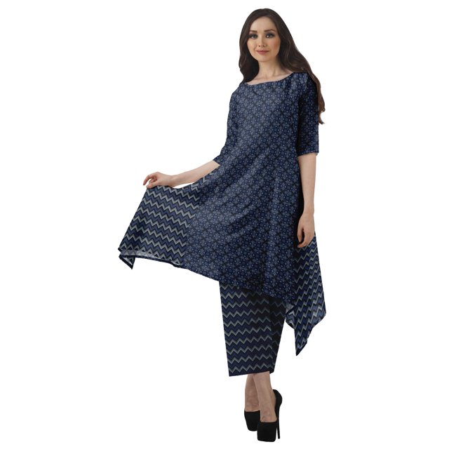 Moomaya Ensemble Kurti Kurta Pantalon pour Femmes Col Bateau Imprimé Robe 2 Pcs Tenue Ethnique