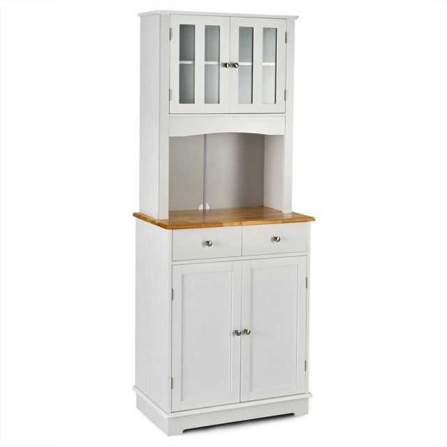 Gymax Buffet Hutch Kitchen Storage Cabinet with Microwave Stand and storage shelves. This white cabinet features a natural wood countertop, two upper tempered glass doors, two drawers with metal handles, and two lower enclosed cabinets. The open center shelf is designed for a microwave or small appliances. Made of MDF, engineered wood, rubber wood, and tempered glass, it measures 27 inches wide, 16 inches deep, and 67 inches tall. Includes adjustable inner shelves and a cable management hole for convenience.