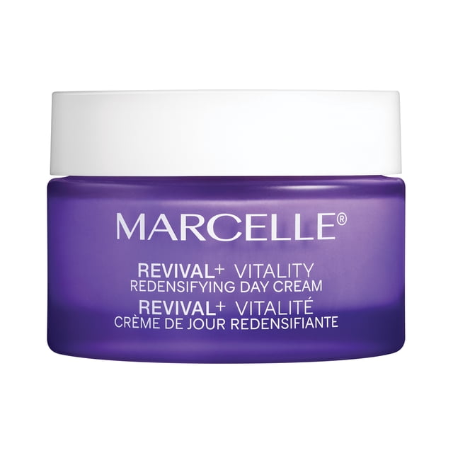 Marcelle Revival+ Vitality Redensifying Day Cream in a purple jar with white lid, labeled in English and French, formulated to hydrate, firm, and improve skin elasticity during menopause, suitable for sensitive skin hydration.