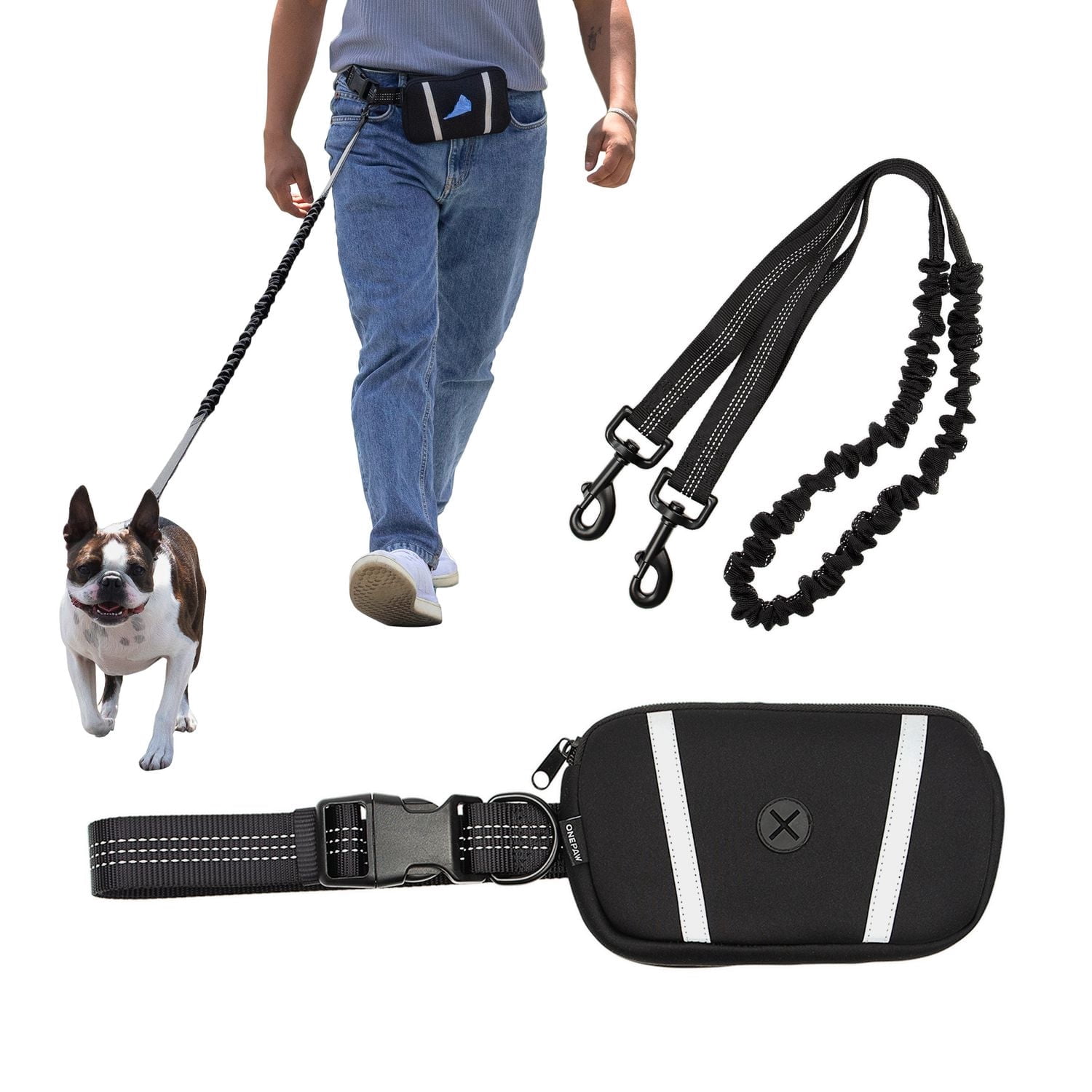 One Paw, Hands free Dog Leash with Neoprene Pouch and Poop Bag Dispenser, Black