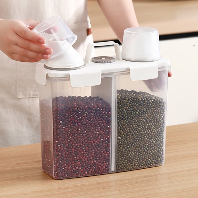 YIMWNYI Large Airtight Rice Container Food Storage, Cereal Container with Measuring Cup, Flour Grain Storage, Kitchen Organizer, Space-Saving Design, Dry Food Storage Solution, Two Buckles