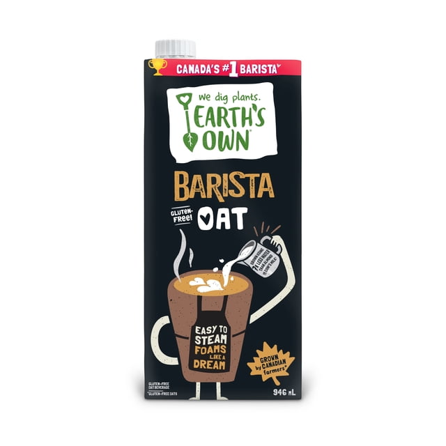 Earth's Own Barista Avoine carton de 946 ml avec Fond Noir Présentant une Tasse de Café Dessin Animé Versant du Lait d'Avoine, Étiquetée Sans Gluten et Facile à Faire Mousser à la Vapeur, Faite à Partir d'Avoine Cultivée au Canada, Convient pour Faire Mousser dans le Café et les Lattés.
